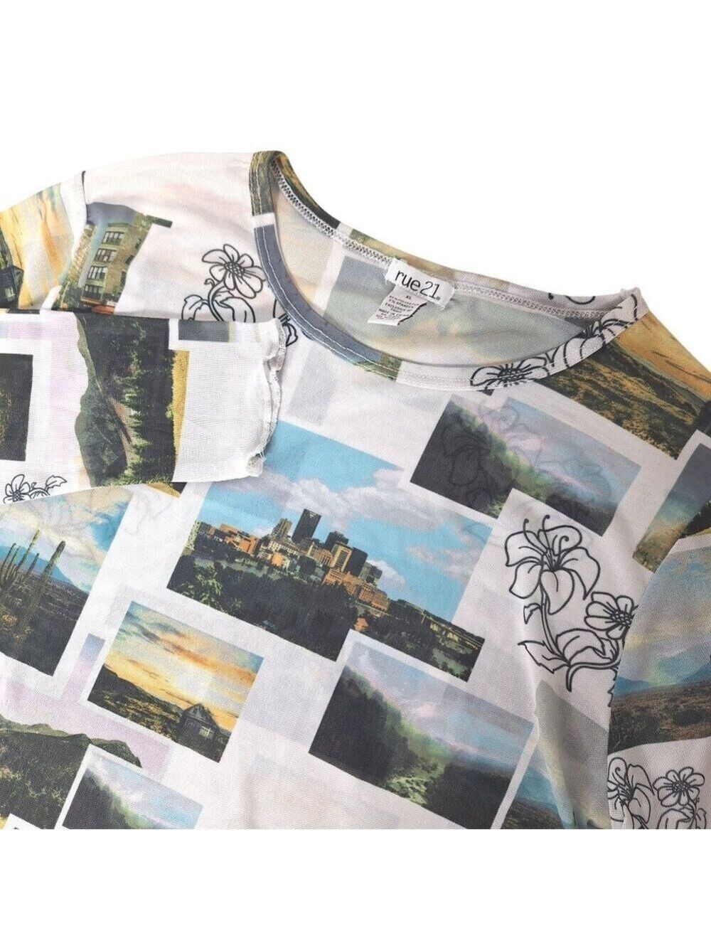 Rue21 Scenic Photo Collage Short Sleeve Top in White, Blue, Green